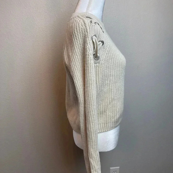 PINK Rose crewneck knit sweater with lace up detail on front upper arm area. - Picture 3 of 9